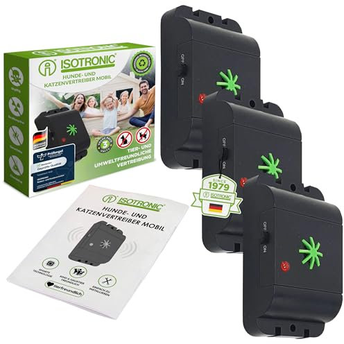 ISOTRONIC Ahuyentador de Perros y Gatos con ultrasonidos | Repelente de Perros y Gatos para Exteriores como jardín, balcón, terrazas | Repelente acústico para Perros y Gatos | Set de 3