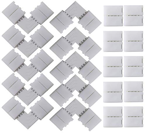 QitinDasen 20Pcs Professionell 4 Polig LED Lichtstreifen Schnellverbinder Set, L-Form Eckverbinder & Lückenlose Steckverbinder, 10mm Nicht-Wasserfest RGB LED Lötfrei Steckverbinder