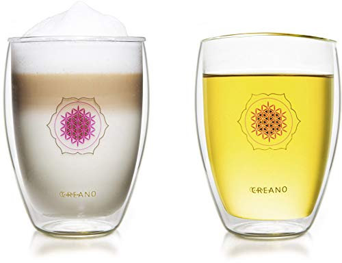 Creano Set di 2 Bicchiere Termico fiore della vita, Bicchiere di tè Doppio Vetro, Latte Macchiato, Tazza Termica | 250ml in Una Scatola da Regalo Esclusiva
