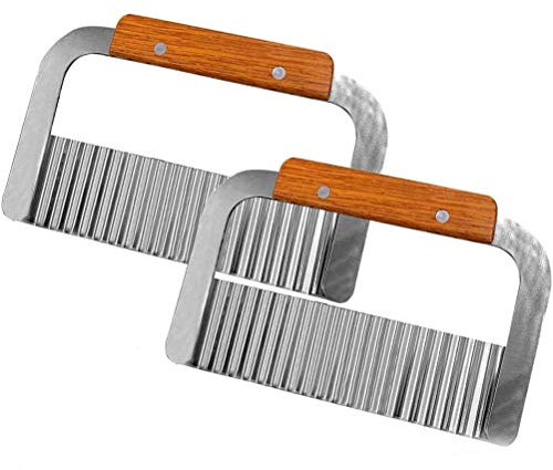 INTVN Couteau de Tranches de Pomme de Terre, Coupe Frites Ondulé avec Lame en Acier Inoxydable et Poignée en Bois pour Légume, Fruits et Gaufre, Set de 2