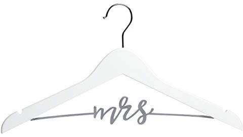Pearhead Mrs. Wedding Dress Hanger for Bride to Be - Elegant Bridal Hanger, Ideal Keepsake for Wedding Day Photos and Gift for Bride, Wooden Hanger with Cursive Wire Lettering, White and Silver
