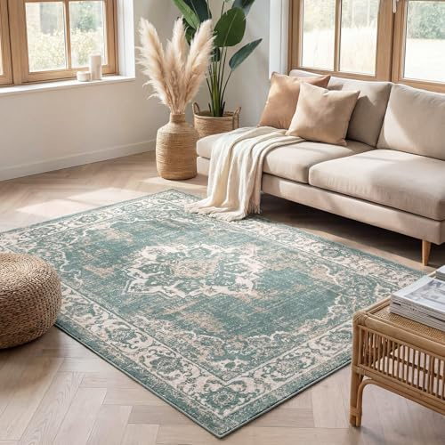 FRAAI | Home & Living Vintage Teppich - Spring Medaillon Grün Creme - 140x200 cm - Polypropylen - Kurzflor - Vintage - Boho, Orientalisch - Wohnzimmer, Esszimmer, Schlafzimmer