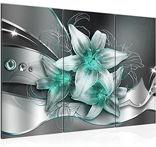 Runa Art Wandbilder Blumen Lilien Bild XXL Wohnzimmer Schlafzimmer Schwarz Türkis Abstrakt 120 x 80 cm 3 Teilig 039631b