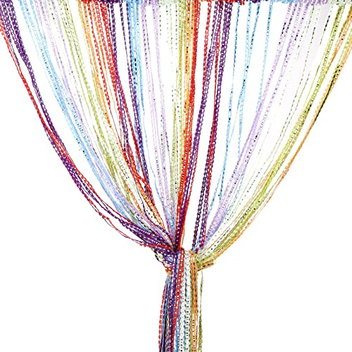 String Curtain Panel, Glitter Door Wall Window Doorways Panel Fly Screen | Fringe Room Divider Blinds, Decorative Tassel Ribbon Strip Silver Screen for Living room, Bedroom, Party Event-Rainbow