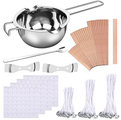 JOSPL 150 Pezzi Stoppino per Candele,30 Candela Stoppini in Legno,con 2 stoppini in Acciaio Inossidabile Supporto Fisso 224 Adesivi con stoppino per Candele per Creazione di Candele Fai-da-Te