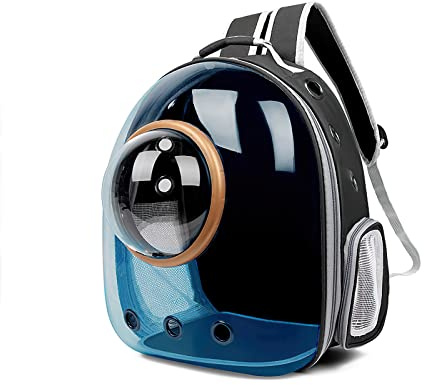 Galatée Sac à Dos pour Chat, Sac à Dos pour Chat en Plein Air, Sac à Dos Transparent pour Chien, Sac à Dos pour Animaux De Compagnie à Capsule Spatiale Ventilée(Le Noir, Housse Bleu Clair)