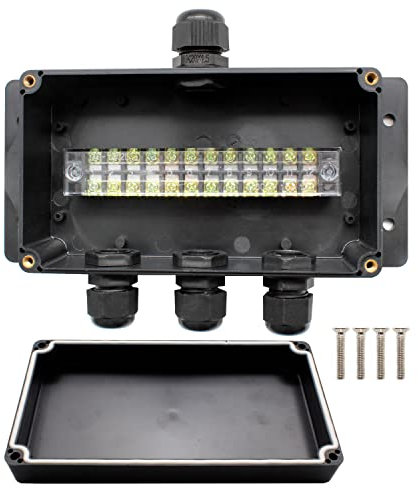 AMONENZ IP66 Outdoor Junction Box, Junction Box 4 Way, Black Weatherproof Electrical Box, Terminal Electrical Shell with Mounting Holes and with 4 Waterproof Connectors