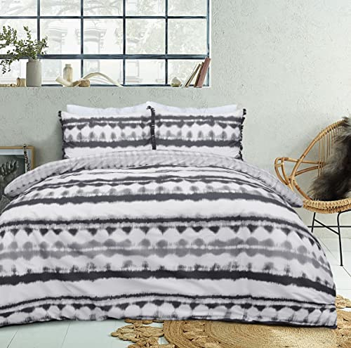 Sleepdown Set di biancheria da letto double-face con copripiumino e federa, motivo Tie-Dye, colore bianco e nero, con nappe, morbido e facile da pulire, per letto singolo (135 x 200 cm)