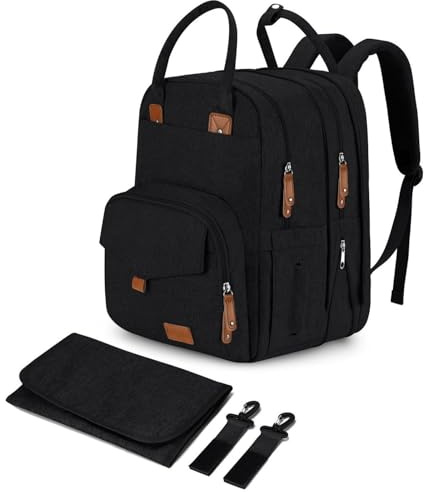 Qualyphant Extra Large Diaper Bag Backpack for Two Kids Twins - Expandable Baby Bag (26-36L), Dual Big Compartments - Includes Changing Pad & Stroller Straps, Unisex Black