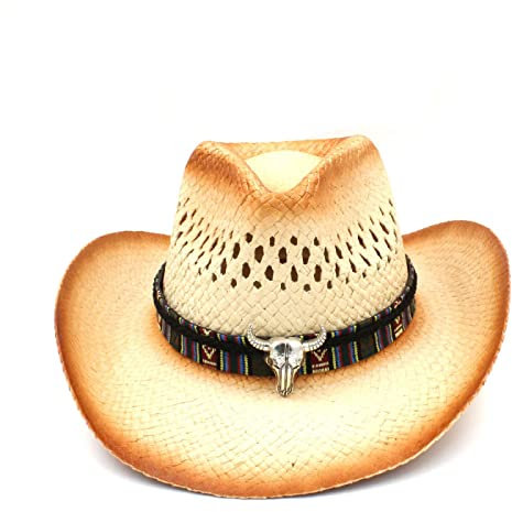 QBQZXAOSOWH Fedora Trilby Mode Herren Western Cowboyhut Mit Punk Lederband Stroh Papa Strand Sonne Sombrero Cap Mesh Jazz Hut Größe 58Cm C4Cbc