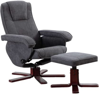 EVRE Armchair With Foot Stool & Reclining Functions Swivel Padded Faux Leather or Fabric (Dark Grey, Fabric)