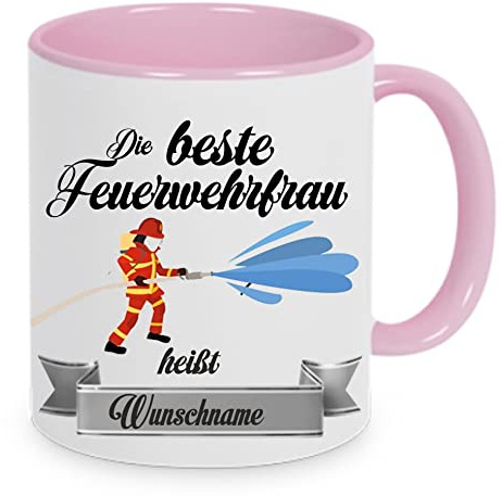 Crealuxe Kaffeetasse - Die Beste Feuerwehrfrau heißt (Wunschname) - Spruchtasse, Bürotasse, bedruckte Keramiktasse, Tasse mit Spruch, Hochwertige Kaffeetasse, Tasse personalisiert (Rosa)