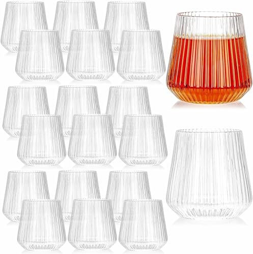 Tebery 20 Pack 420ml Plastic Ribbed Wine Glasses, 14oz Origami Style Ridged Drinking Glasses Tumbler, Reusable Vintage Stemless Cups for Champagne, Catering, Weddings