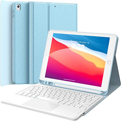 Earto Coque avec Clavier pour iPad 9e génération 10.2, iPad Air 5 | Smart Touchpad, Détachable sans Fil, Clavier AZERTY, Porte-Crayon, Bleu,Pour nomades et professionnels.