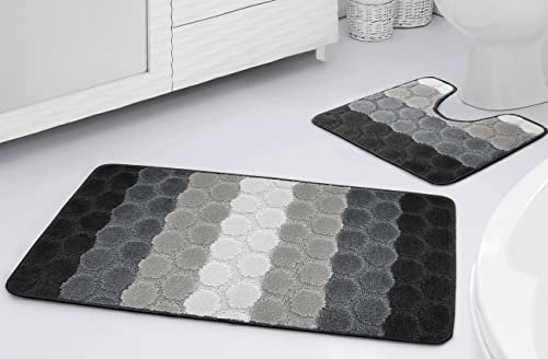 La Maison Bathroom Rug Set 2 Piece Hex Stripe Ombre Non Slip Bath Mat and Pedestal Mat Set Quick Dry Shower Bath Super Soft Toilet Mat Set (Grey)