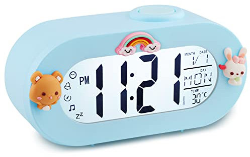 Ayybboo Réveil numérique enfant 8 sonneries, fonction snooze et chronomètre chambre d'enfant, chambre à coucher, salon (bleu)