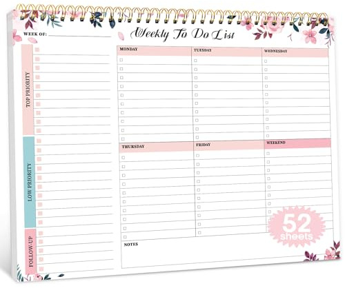 Taja Weekly To Do List Notepad with 52 Undated Sheets（8.5×11）- Weekly Desk Planner for Women & Man, Work and Home - 1 Pack Whispering Petal