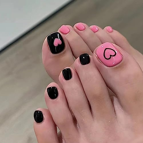 Handcess Glänzende falsche Zehennägel, Schwarz / Rosa, zum Aufdrücken, Herz, künstliche Zehennägel, vollständige Abdeckung, Acryl-Zehennägel, für Frauen und Mädchen, 24 Stück