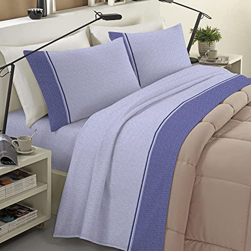 Banzaii Completo Lenzuola Invernale Felpate in Flanella Anti-Pilling 100% Cotone Singolo (per Materasso 80/90 cm, Altezza Fino a 35 cm) Ida Blu