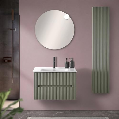 Inbagno Mobile bagno sospeso cannettato 70 cm verde opaco con 2 cassetti soft-close, lavabo in ceramica BALI