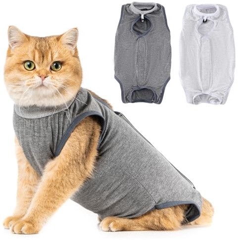 Avont [2 Stück] Katzenbody nach OP Erholungsanzug Kleidung Modal Recovery Kastration Spay Entwöhnung Leckschutz Suit für Katze, Bauchwunden oder Hautkrankheiten-L-Grau