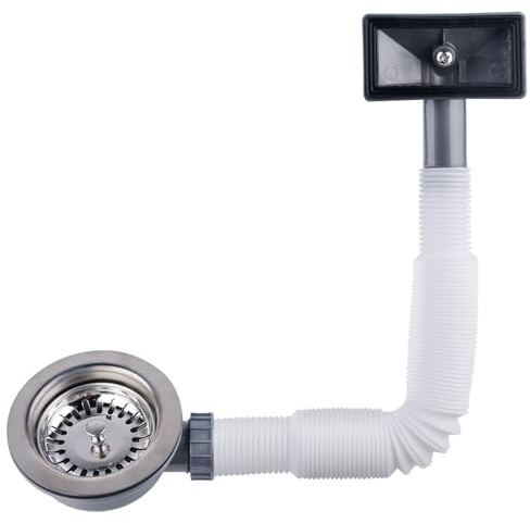 Colador de fregadero de cocina, colador de fregadero de acero inoxidable de 114mm, desagüe de fregadero con desbordamiento y tubo de desbordamiento flexible, interfaz cuadrada, válvula de colador de