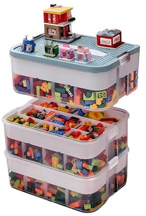 PeoTRIOL 3-stöckige stapelbare Spielzeug-Aufbewahrungsbox mit Deckel-Trennwänden, Kinderspielzeugblöcke, Organizer, Behälter, herausnehmbares Tablett, Kunststoff-Spielzeugtruhe Organizer für
