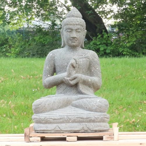 Oriental Galerie Buddha Stein Figur Statue Gartenfigur Steinfigur Dekofigur Gartendeko sitzend Massiv aus Greenstone Chakra 75 cm