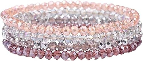 Uwiyo Damen Kristall Perlen Armband, Boho Mehrschichtiges Steine Armbänder Bohemian Kristall Perlen Armband Modeschmuck für Damen Mädchen Freundin (Helles Rosa)