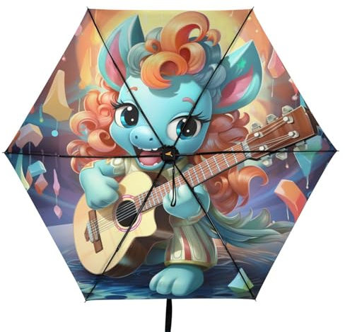 Linnyio Lustiges Cartoon Gitarren Einhorn Taschenschirm, UV-Schutz, Kompakter Reiseschirm, Sonnenschutz für Jungen und Mädchen