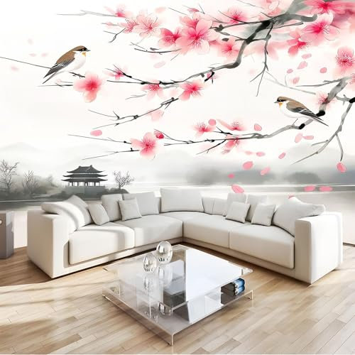 Générique Papier Peint 3D Style Chinois Fleurs De Cerisier À L'Encre 300x210 cm Panoramique Peinture Murale Interieur pour Salon Chambre à Coucher D'Enfant Maison Décoration Murale