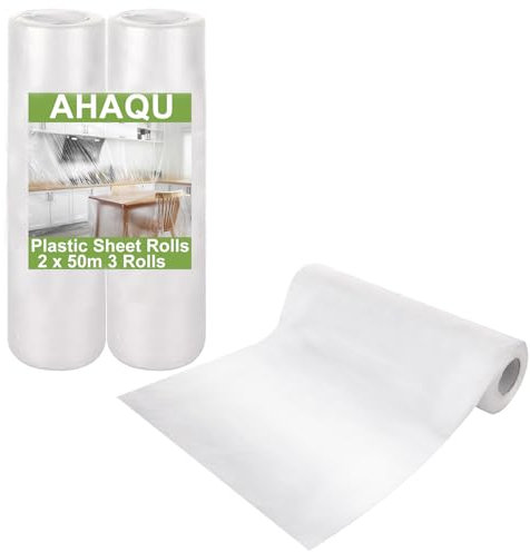 AHAQU 3 rotoli di fogli di plastica antipolvere per decorazione, 2 rotoli di plastica grandi da 50 m, rotolo di fogli di plastica impermeabili in polietilene per rivestire pittura, mobili e pavimenti