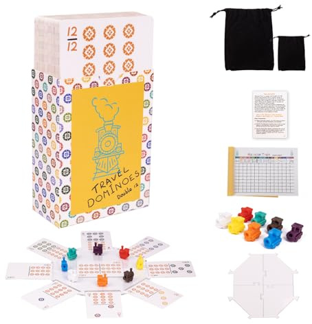 Extguds Mexican Train, Mini Travel Dominoes Game:105 Cards+1Hub for Mexican Train+8 Train Marker+1 Instruction+1 Scoresheet,Double 12 and Double 9 Dominoes Set,2-10 Players (Accessory, White)