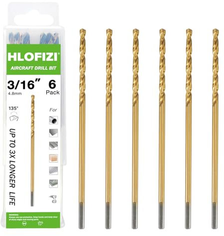HLOFIZI 3/16 x 6 Inch Extra Long Drill Bits (6 Pack), Aircraft Drill Bit Titanium M2 High Speed Steel for Wood, Plastic, PVC, Thin Metal Sheet