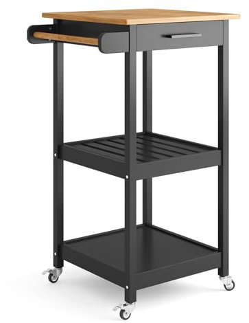 Xbro Servierwagen mit 3 Ebenen, Küchenwagen auf 4 Rollen, 2 Räder mit Schlössern, Mikrowellen-Regal, für Mini-Backofen, Toaster mit 3 Haken, Schwarz