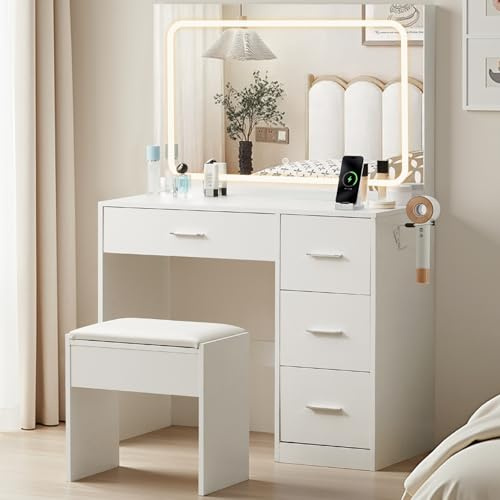 TUKAILAI Schminktisch mit Beleuchtung, Schminktisch mit Spiegel und Hocker und Beleuchtung, Kosmetiktisch mit 4 Schubladen, Frisiertisch mit Steckdose 90x40 cm