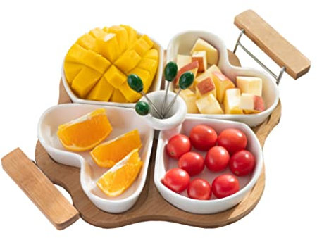 JYARZ Piatto di Frutta Ciotola Centrotavola Bamboo Wood Fruit Bowl Vassoio Set Love Heart Shape Ceramics Grid Dish Soggiorno Cestino di Frutta for Frutta Dolci Dessert Sala da Pranzo e Frutta