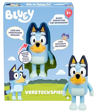 BlueY Versteckspiel, sprechende Figur mit Timer, deutsch | Figur verstecken, Nase drücken und Timer starten: Bluey spricht und kichert, danach zum Bluey-Lied tanzen