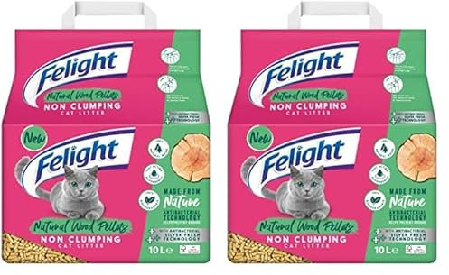 Felight Natural Wood Pellet Cat Litter (10L Bag) - Non-Clumping, 100% Biodegradable Wood, Antibacterial Silverfresh Technology, Prevents Odours for up to 10 Days, Made in the UK (Pack of 2)