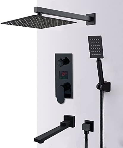 Wall-Mounted Shower Faucet Set System,Matte Black LCD Digital Display Shower Faucet Set with Rain Waterfall Black Bathtub Shower System 3 Way Mixer Tap 8in Waterfall 12inch Swivel Rotation.