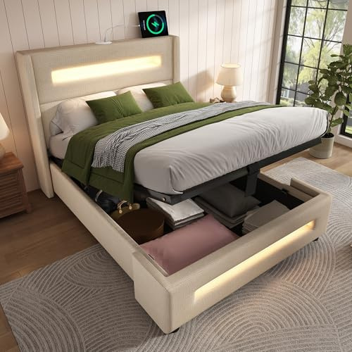 RIAZOS Polsterbett 90x200 cm, Einzelbett Jugendbett mit LED, Hydraulisches Stauraumbett mit USB Type-C Aufladen, Bettsgell mit Lattenrost, Beige, Leinen, ohne Matratze