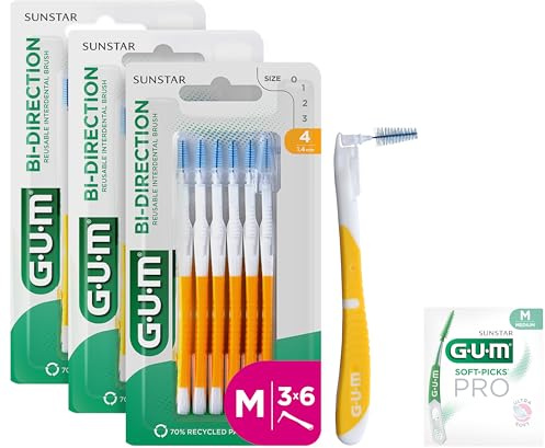 GUM BI-DIRECTION Cepillos interdentales con doble posición | Posicionamiento de 90 grados | limpieza de dientes y eliminación de placa | 1.4mm, ISO 4 | Tamaño M | Paquete de 3x6 + 1 muestra gratis