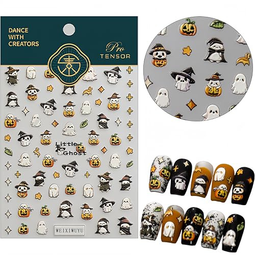 5D Relief Halloween Nagelkunst Sticker, niedliche Gespenst Sticker mit Sternen, Blättern, Kürbis Designs, selbstklebend, Nageldecoration, DIY Maniküre Zubehör für Frauen und Mädchen