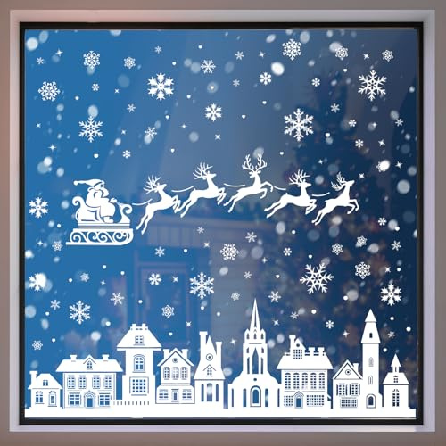 134 Stk Fensterbilder Weihnachten Selbstklebend – Weiße Haus-Schneeflocke Fensteraufkleber Weihnachten, PVC Static Wiederverwendbar Fensterbilder Winter für Glas Deko
