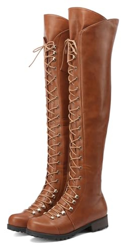 DADAWEN Women's Over The Knee Boots Square Toe Thigh High Boots with Side Zipper Lace Up Fashion Combat Boots Low Heel Fall Long Tall Boots for Women Brown US Size 8