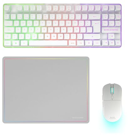 Mars Gaming MCPWTKL, Trådlös Gaming-Combo, DualPro Link 2.4GPRO-teknologi, TKL FRGB Rainbow-tangentbord + RGB 3200DPI-mus med HUANO-brytare + Halkfri musmatta 360x260mm, Vit, Portugisiska