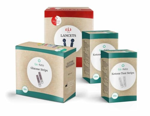 Go-Keto Ketone + Glucose Teststreifen im günstigen Set, 50x Ketone Streifen, 50x Glukosestreifen, 100x Lanzetten passend für das Go-Keto Ketone+Glucose Messgerät