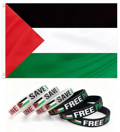 Bandera de Palestina, 150 x 90 cm, con 6 pulseras palestinas, bandera de Palestina, bandera de Palestina, banderas palestinas con ojales, banderas resistentes a la intemperie para exteriores