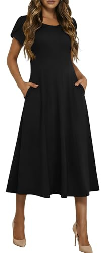 HOTOUCH Womens Summer Dresses Short Sleeve Black Dresses for Women 2026 Cotton Midi Dress Empire Waist Flare Dress with Pockets, A-Black,S