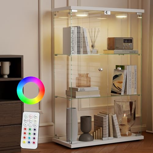 AUFHELLEN Glasvitrine Standvitrine mit LED in Weiß, 125x79x36,5CM Vitrine